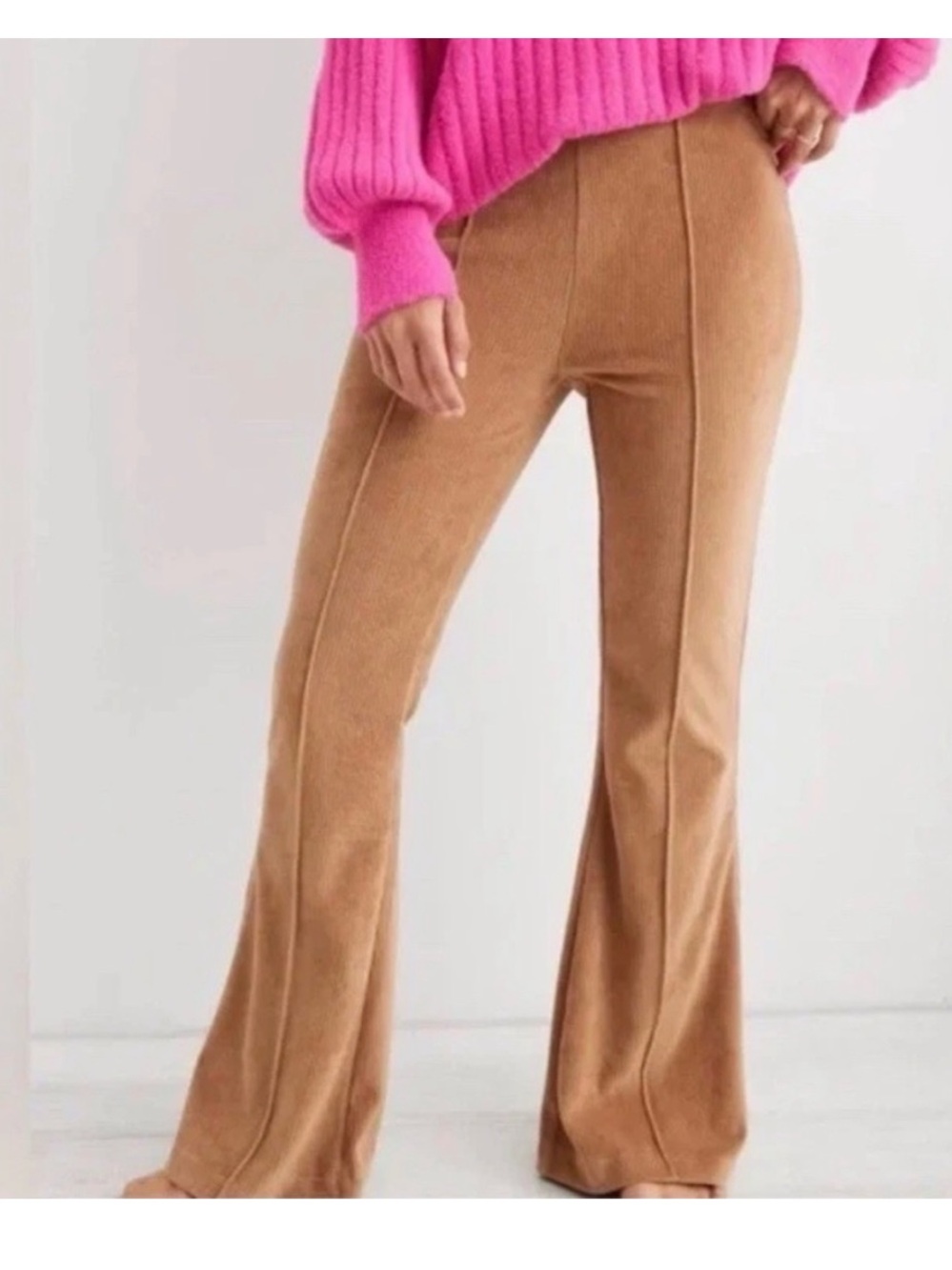 Aerie Groove Camel Ribbed Flare Pants Womens Large High Waisted Pull On Boho